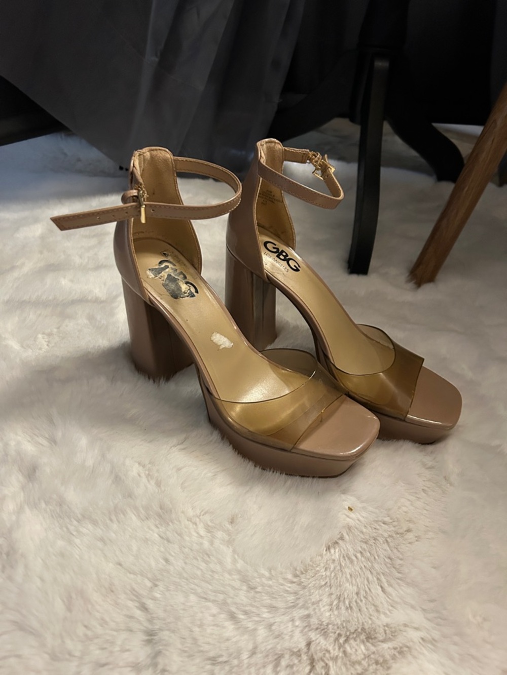 G by Guess Nude Patent Platform Ankle Strap Sandals